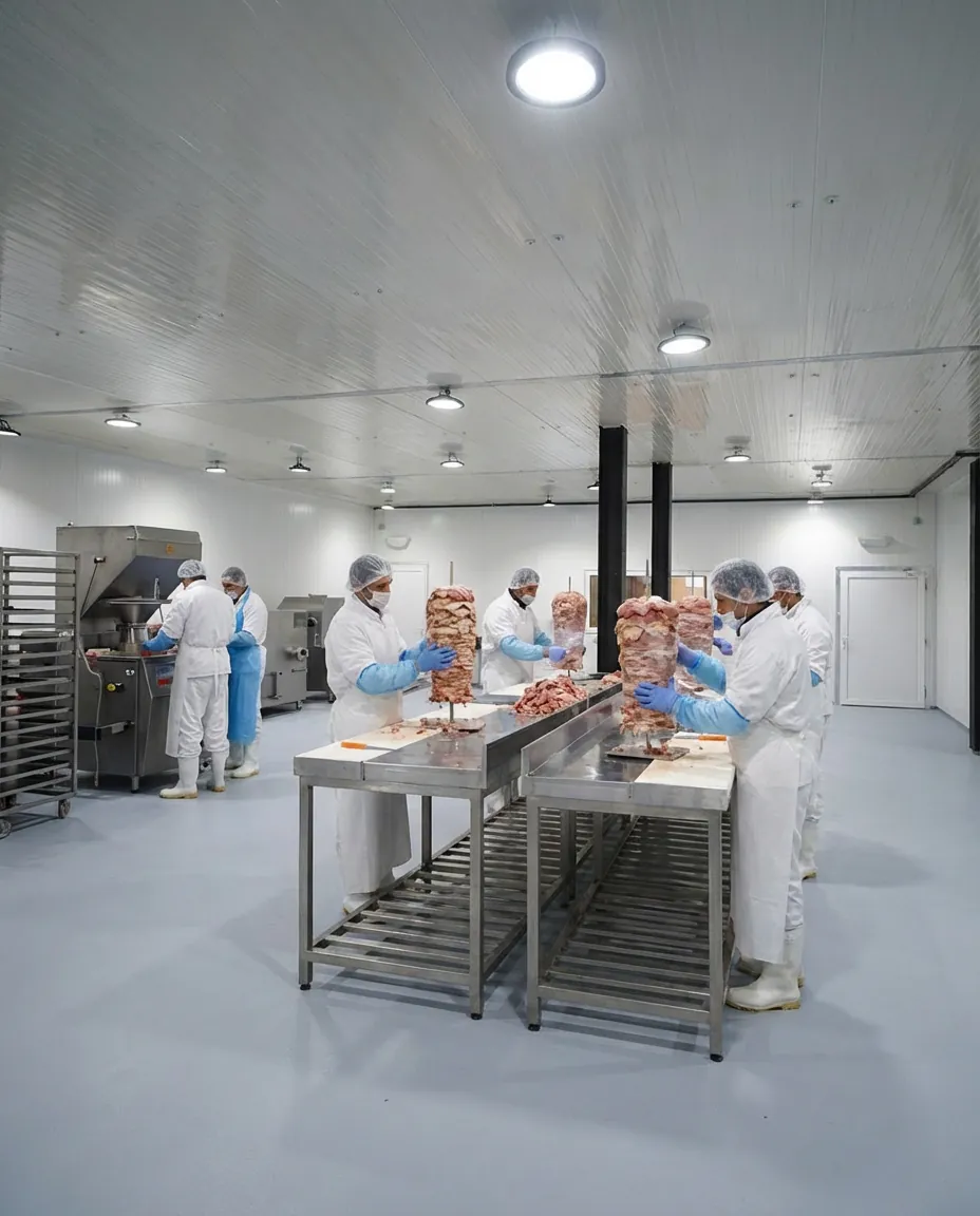 Spits layered by hand on skewers at the production tables