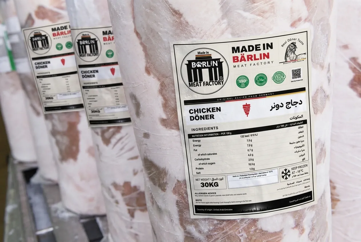 Frozen chicken döner spits labelled in English and Arabic
